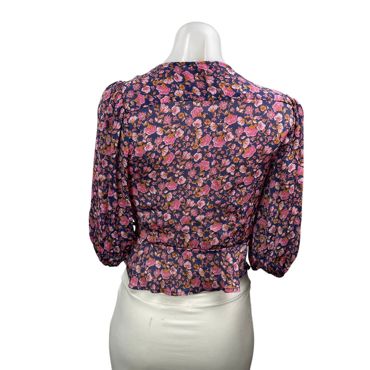 MNG Mango Pink Floral 3/4 Puff Sleeve V Neck Tie Cropped Blouse Top Size 2