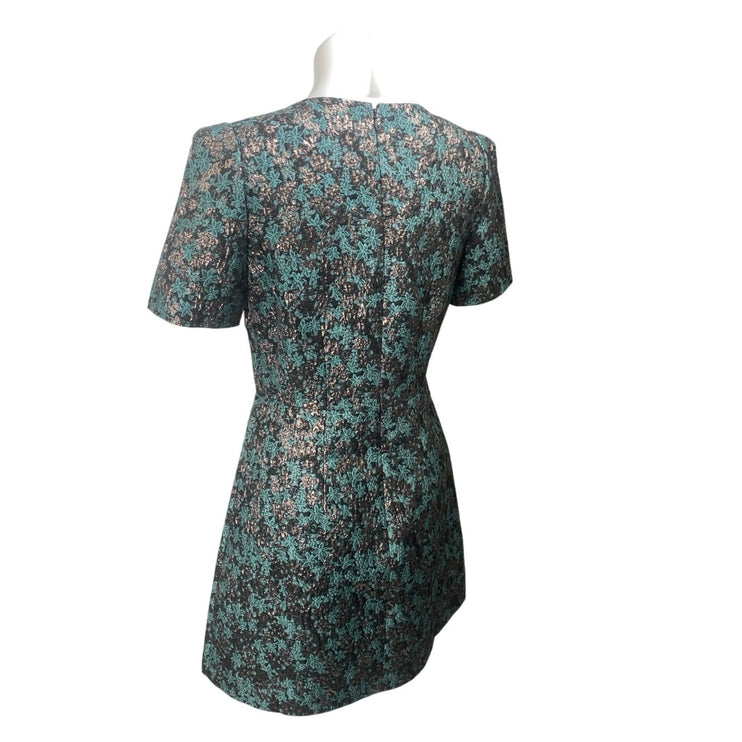 Club Monaco Black Blue Floral Short Sleeve V Neck Mini A Line Dress Size 6