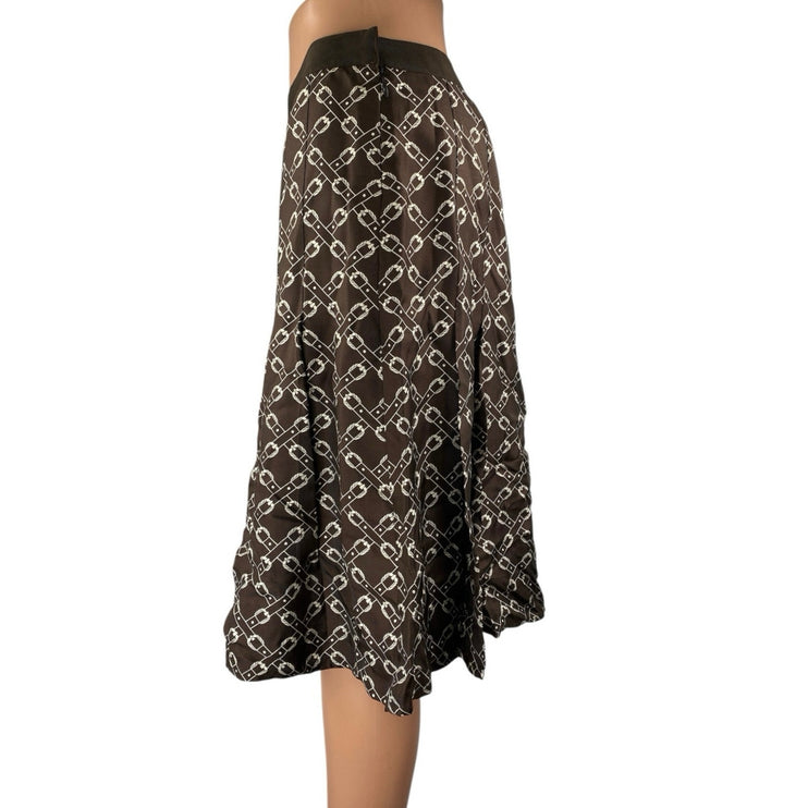 J.Crew 100% Silk Satin Brown Equestrian Print Pleated Knee Length A-Line Skirt 4