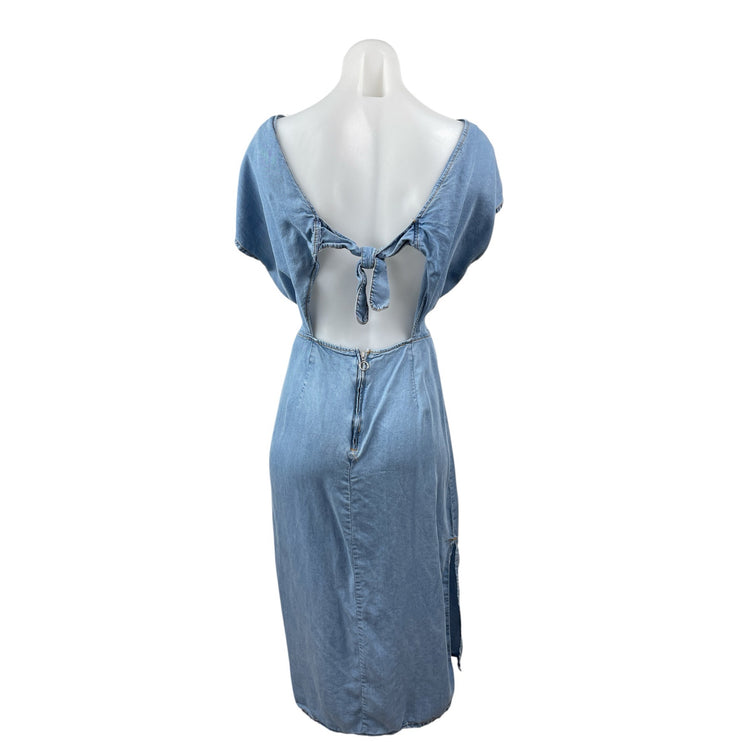 Zara Women's Blue Drop Sleeve Chambray Slit Tie Open Back A Line Midi Dress Sz M