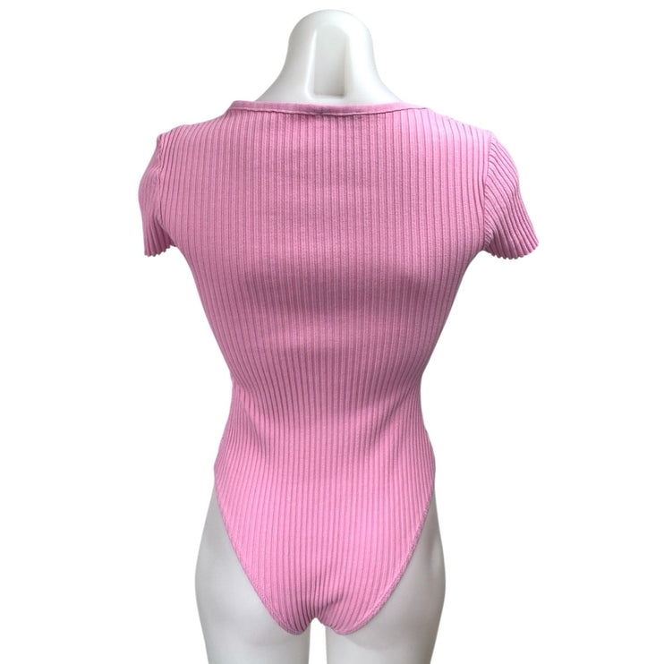 Zara Women's Pink Rib Knit Short Sleeve Sweetheart Neck Stretch Bodysuit Top M