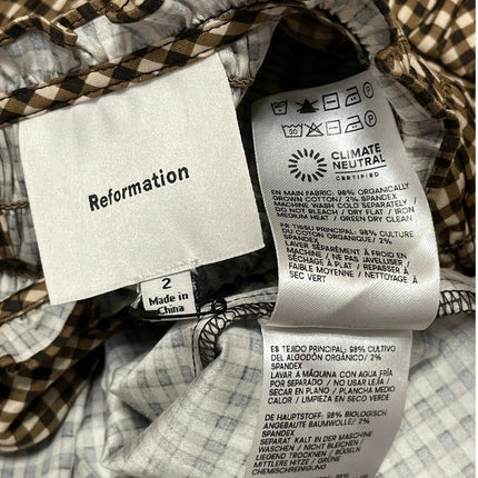 Reformation Leannah Brown Short Puff Sleeves Plaid Check Smocked Mini Dress Sz 2