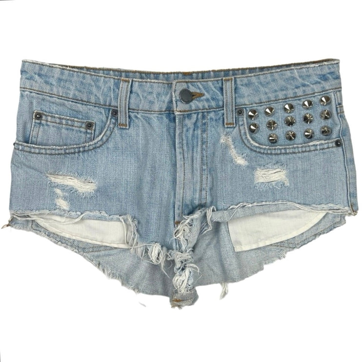 Carmar Blue Light Wash Studded Mid Rise Distressed Hot Pants Jean Shorts Size 27