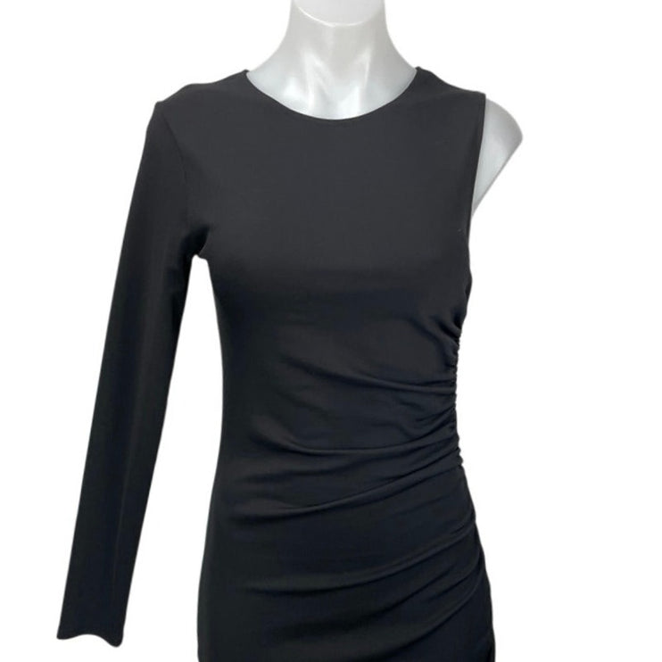 Zara Women's Black One Shoulder Long Sleeve Asymmetrical Midi Bodycon Dress S