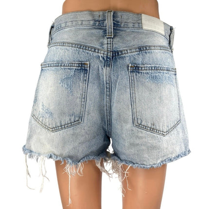 Pistola Women's Blue Light Wash Distressed Frayed Cut Off Denim Jean Short Sz 27