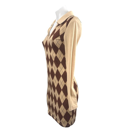 Women's Brown Argyle Collared V Neck Long sleeve Mini Bodycon Sweater Dress Sz S