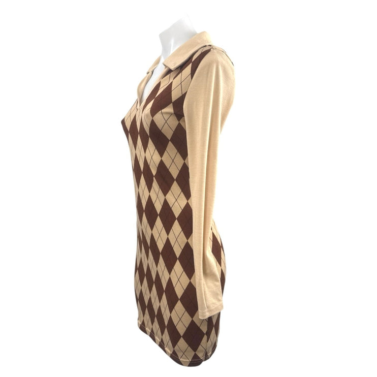 Women's Brown Argyle Collared V Neck Long sleeve Mini Bodycon Sweater Dress Sz S