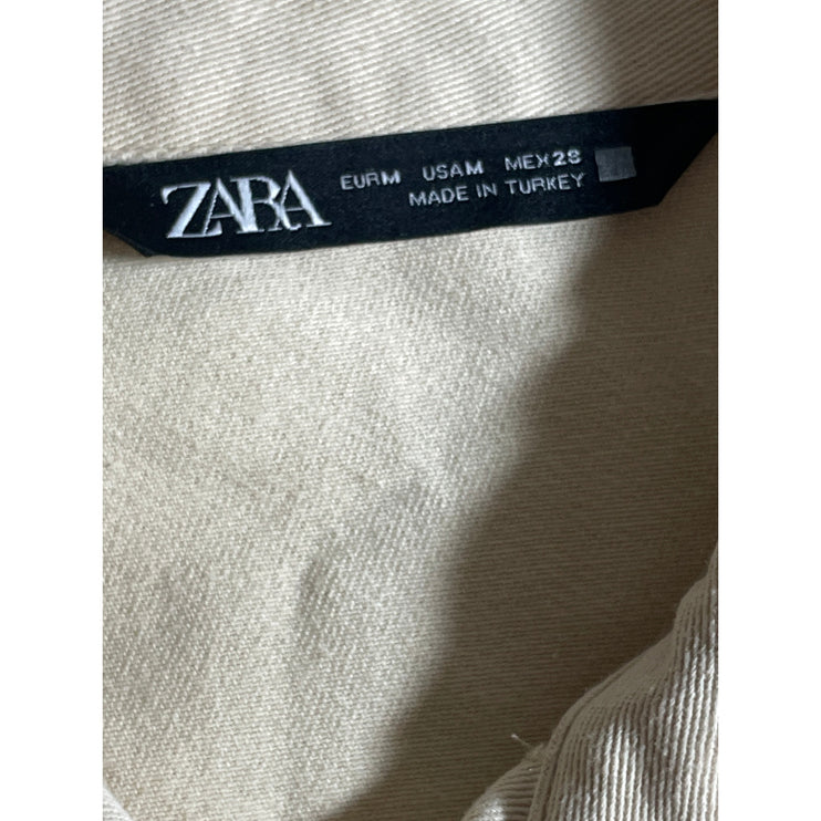 Zara Women's Beige Collared Long Sleeve Button Down Mini Flare Shirt Dress Sz M