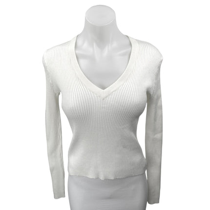 Lulus White Ribbed Knit Slim Deep V Stretch Long Sleeve Pullover Sweater Top M