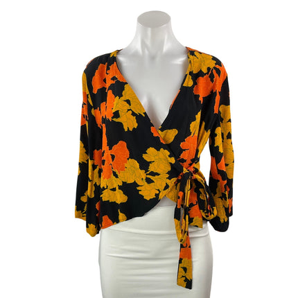 Topshop Women's Black Coral Floral Long Sleeve V Neck Wrap Blouse Top Size 6