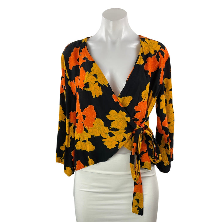 Topshop Women's Black Coral Floral Long Sleeve V Neck Wrap Blouse Top Size 6