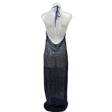 PrettyLittleThing Blue Sheer Sequin Plunge Halter Cutout Maxi Dress Size 12 Tall