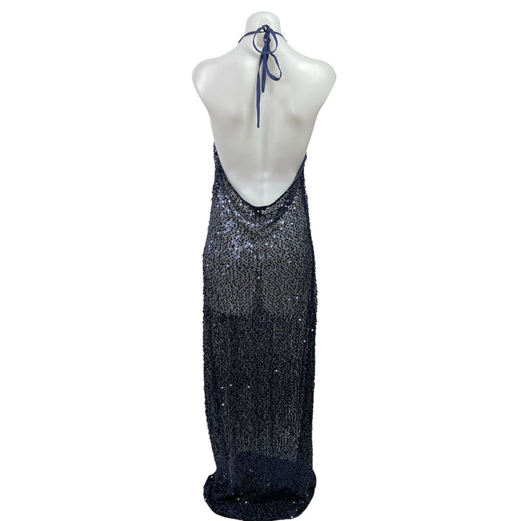 PrettyLittleThing Blue Sheer Sequin Plunge Halter Cutout Maxi Dress Size 12 Tall