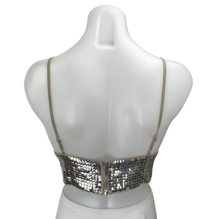 NBD Silver Beige Sequin Metallic Sleeveless Cami Camisole Tank Crop Top Size S