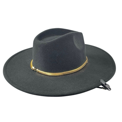 Women's Black Gold Chain Faux Suede Strap Panama Western Cowboy Hat One Size