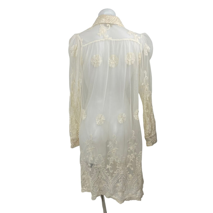 Navy Cream Floral Lace Mesh Sheer Long Puff Sleeve Button Down Shirt Dress OS