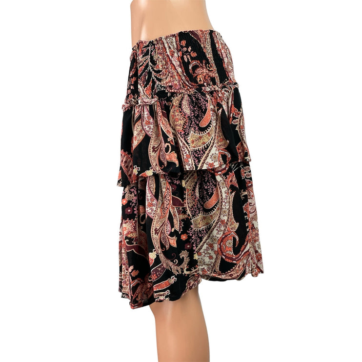 Anthropologie Myla Ruffled Boho High Waist Paisley Tiered A Line Mini Skirt Sz L