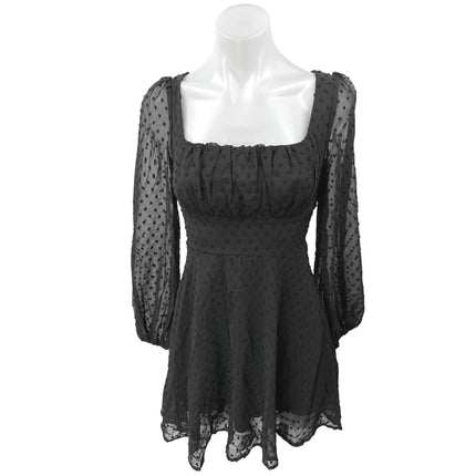 NEW WDIRARA Black Swiss Dot Puff Long Sleeve Mini Fit & Flare A-Line Dress XXS