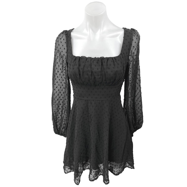 NEW WDIRARA Black Swiss Dot Puff Long Sleeve Mini Fit & Flare A-Line Dress XXS