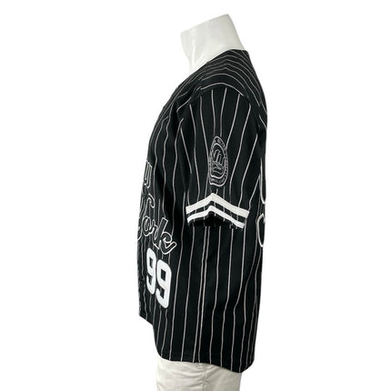 Men's Black White Striped New York 99 Short Sleeve Button Down Jersey Top Size S