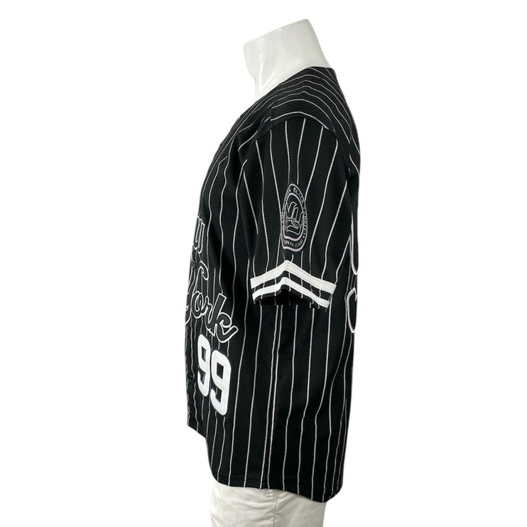 Men's Black White Striped New York 99 Short Sleeve Button Down Jersey Top Size S