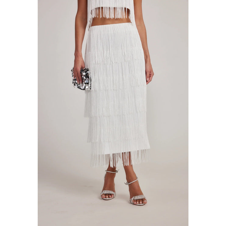 12th Tribe NWT White Gatsby Fringe Layered Straight Pencil Boho Midi Skirt Sz S