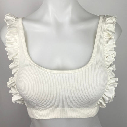 ZARA White Ruffle Frill Scoop Neck Ribbed Knit Stretch Cropped Tank Top Sz XS/S