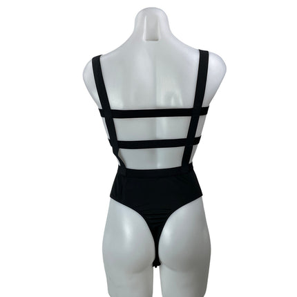 Superdown Camille Black Mesh Sleeveless Square Neck Strappy Back Bodysuit Size S