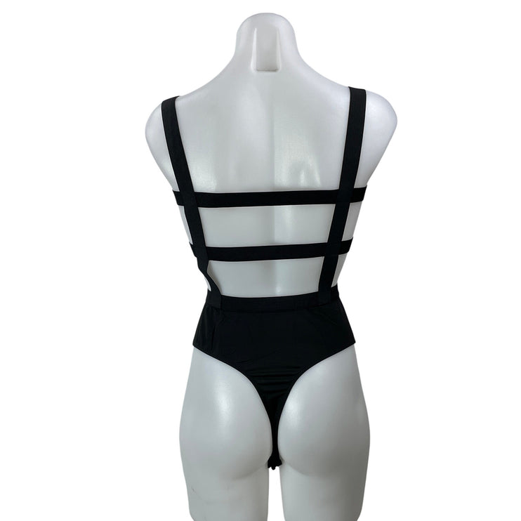 Superdown Camille Black Mesh Sleeveless Square Neck Strappy Back Bodysuit Size S