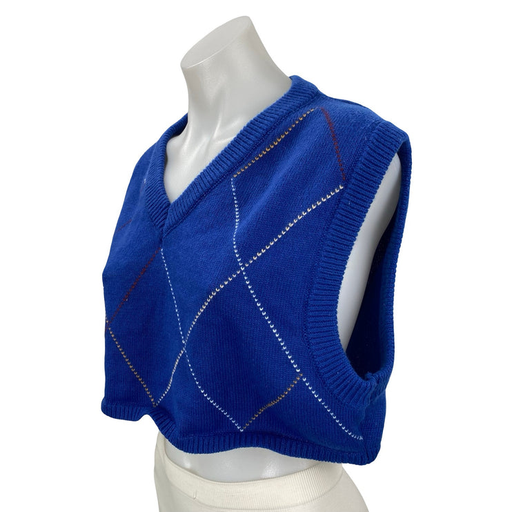 NEW Forever 21 Blue Argyle Knit Sleeveless V Neck Cropped Sweater Vest Top Sz S