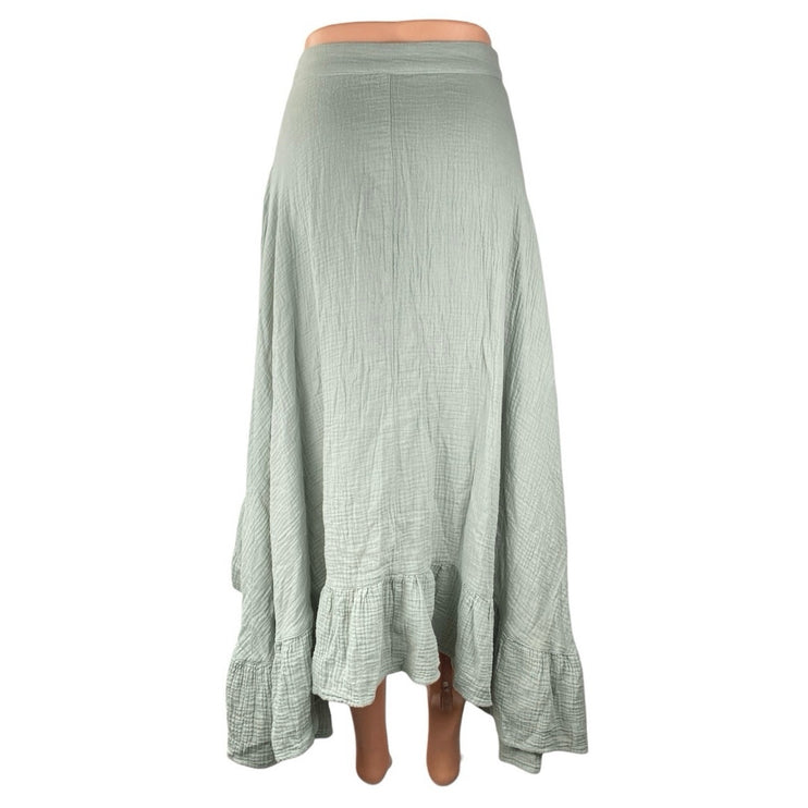 Monn Women's Green High Waisted Ruffle Button Front High Low Midi Skirt Size XS