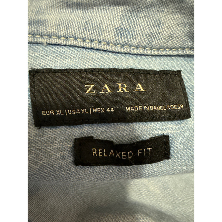 Zara Blue Chambray Denim Button Down Long Sleeve Pockets Shirt Jean Jacket Sz XL