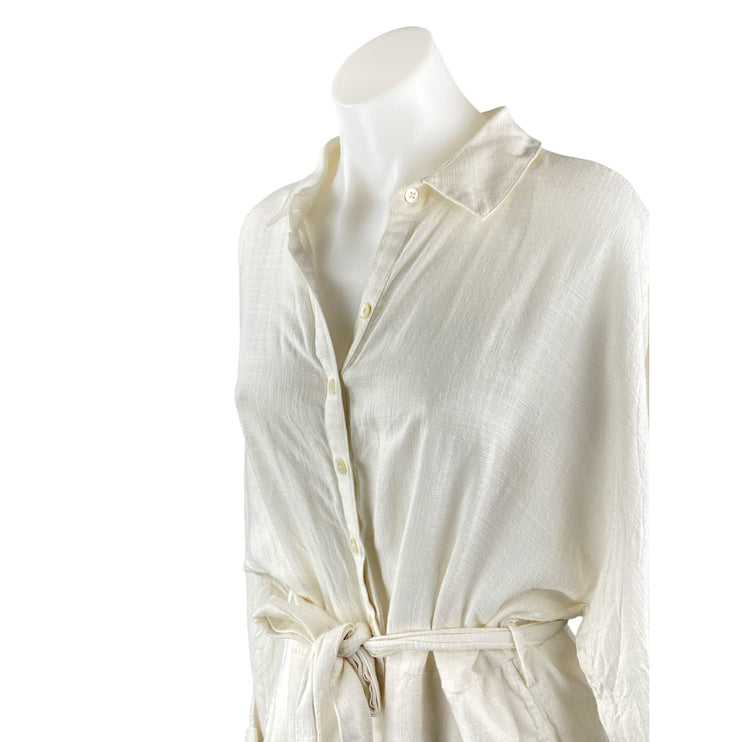 L Space White Collared Long Sleeve Belted Button Down Shirt Jumpsuit Romper Sz L