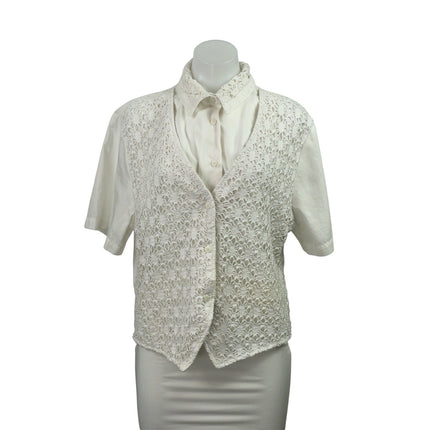 Tapestry Women's White Short Sleeve Lace Crochet Overlay Shirt Blouse Top Size L
