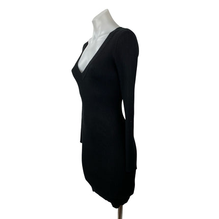 Missguided Black Ribbed Knit Long Sleeve Deep V Neck Mini Bodycon Dress Size 6