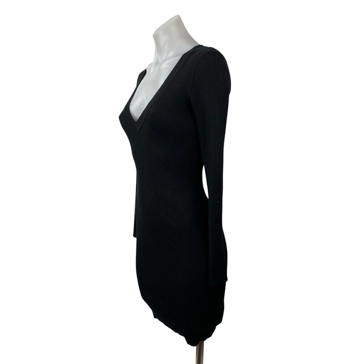 Missguided Black Ribbed Knit Long Sleeve Deep V Neck Mini Bodycon Dress Size 6