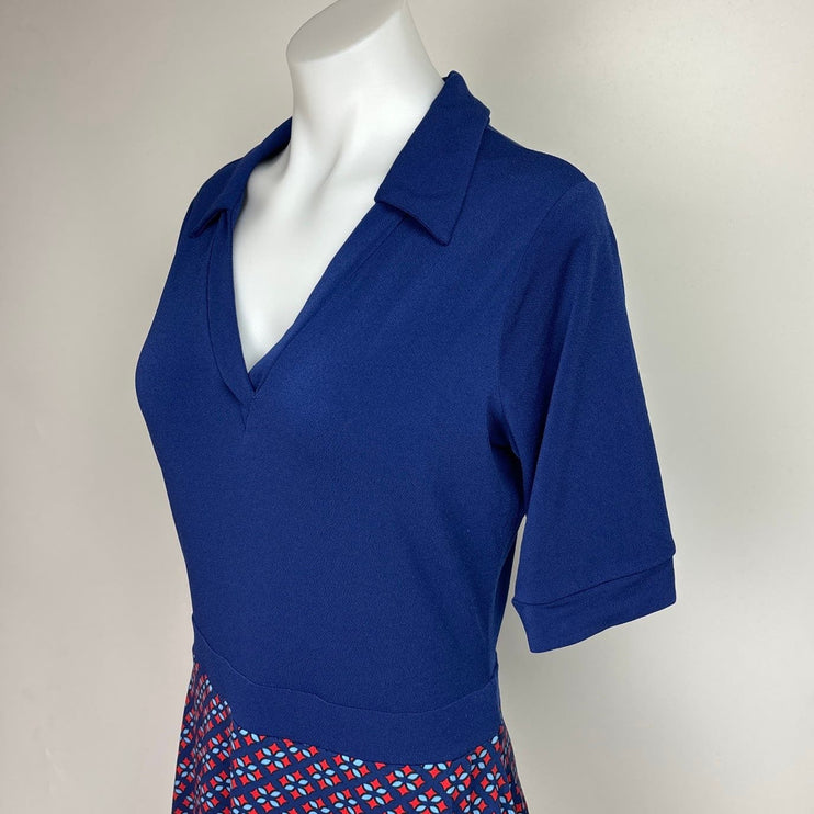 Brooklyn Industries Blue Red Geometric Collar Half Sleeve Shirt Dress Size L