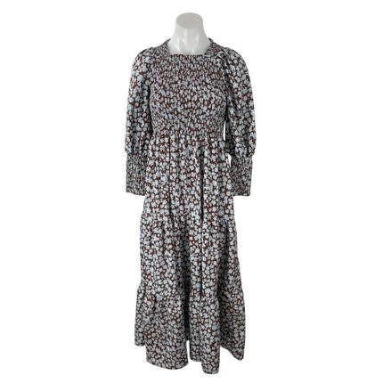 Zoya Brown Floral Shirred Long Balloon Sleeve Smocked Tiered A Line Maxi Dress 2