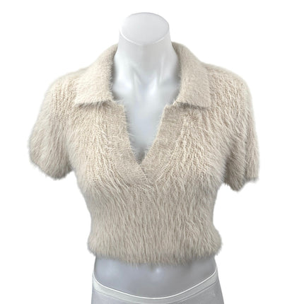 Zara Beige Short Sleeve Faux Fur V Neck Collared Polo Crop Sweater Top Size S