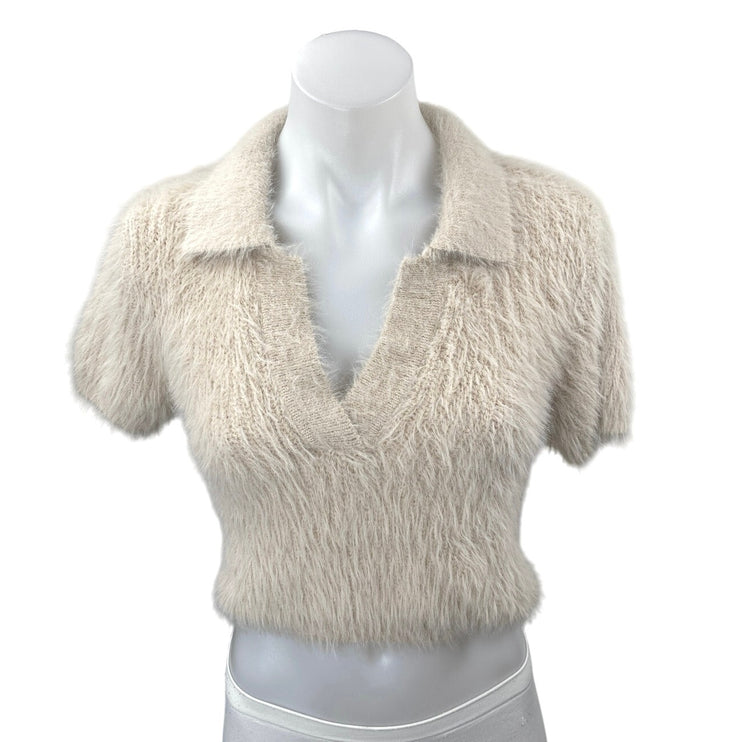 Zara Beige Short Sleeve Faux Fur V Neck Collared Polo Crop Sweater Top Size S