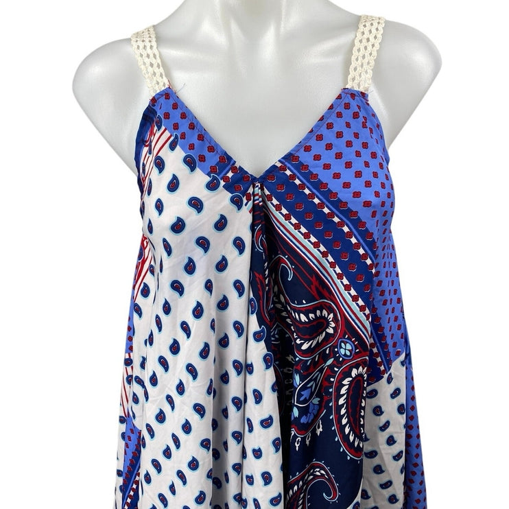 Bella Moda Multicolor Paisley Sleveless V-neck Asymmetric Midi A-line Dress Sz S