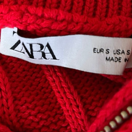 Zara Red Cable Knit 1/4 Zip High Neck Collared Long Sleeve Crop Sweater Top Sz S