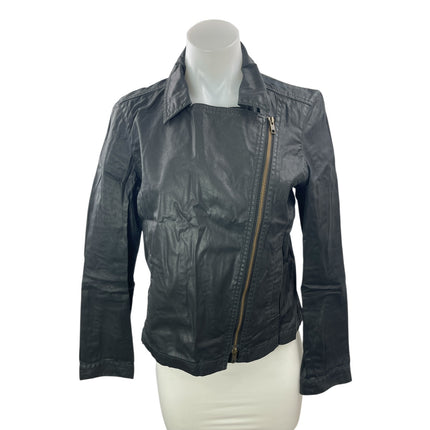 Eileen Fisher Black Faux Vegan Leather Long Sleeve Zip Moto Biker Coat Jacket XS