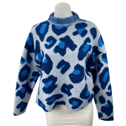 Zara Women's Blue Wool Leopard Animal Print Mock Neck Knit Sweater Top Size S