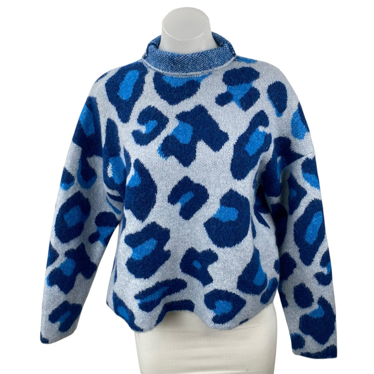 Zara Women's Blue Wool Leopard Animal Print Mock Neck Knit Sweater Top Size S