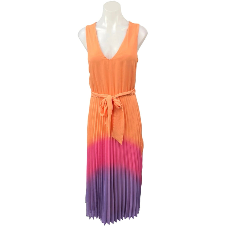 Taylor Ombre Orange Cambria Chiffon Pleated Tie Sleeveless Midi Dress Size M