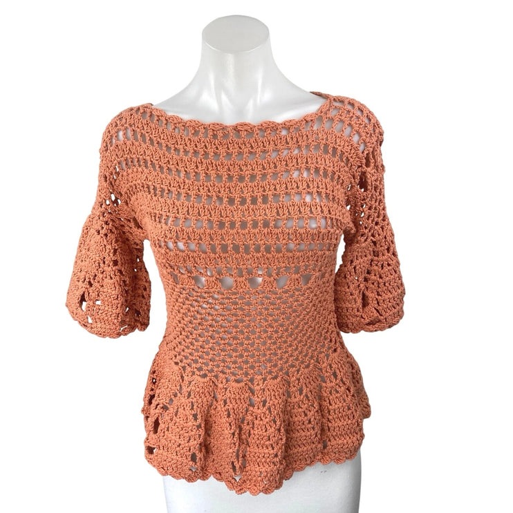 Anthropologie Veroalfie Brown Crochet Open Knit Short Sleeve Peplum Blouse Top 2