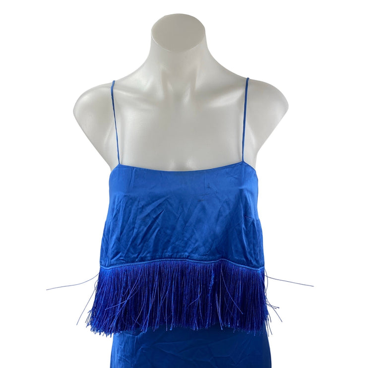 Cinq a Sept Blue Silk Satin Fringe Sleeveless Slit Cami Blouson Midi Dress Sz M