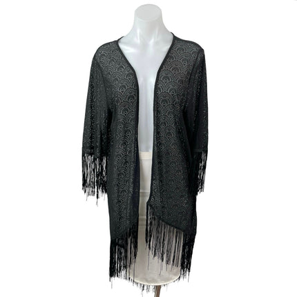 Rain Patterned Black Fringe Tassel Batwing Sleeve Poncho Shawl Cardigan Top Sz M