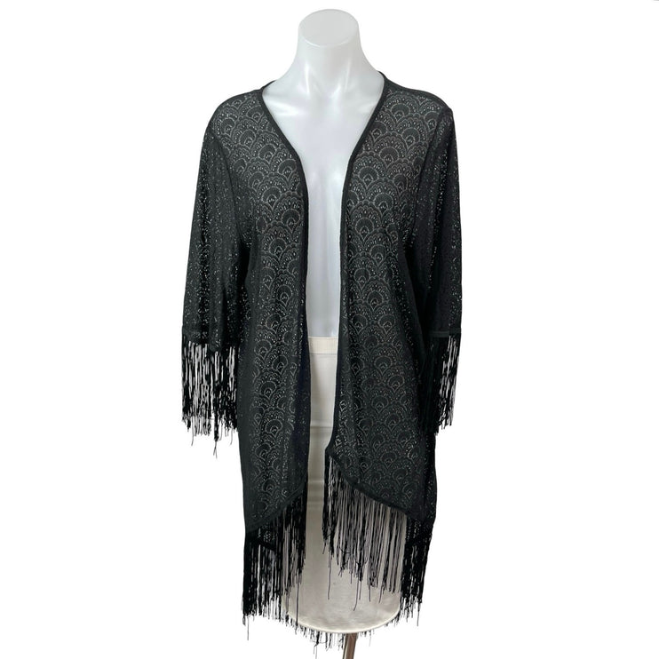 Rain Patterned Black Fringe Tassel Batwing Sleeve Poncho Shawl Cardigan Top Sz M
